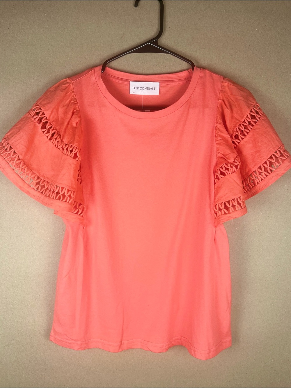 Anthropologie Self Contrast Flutter Sleeve Cutwork Top Coral XS NWT 100% Cotton